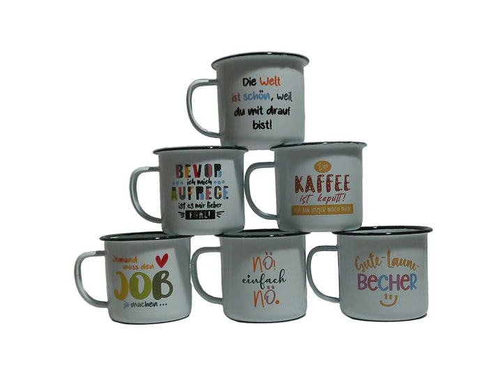RETRO-Emaille Kaffeebecher-Set 6 x 350 ml, bunt mit Spruch