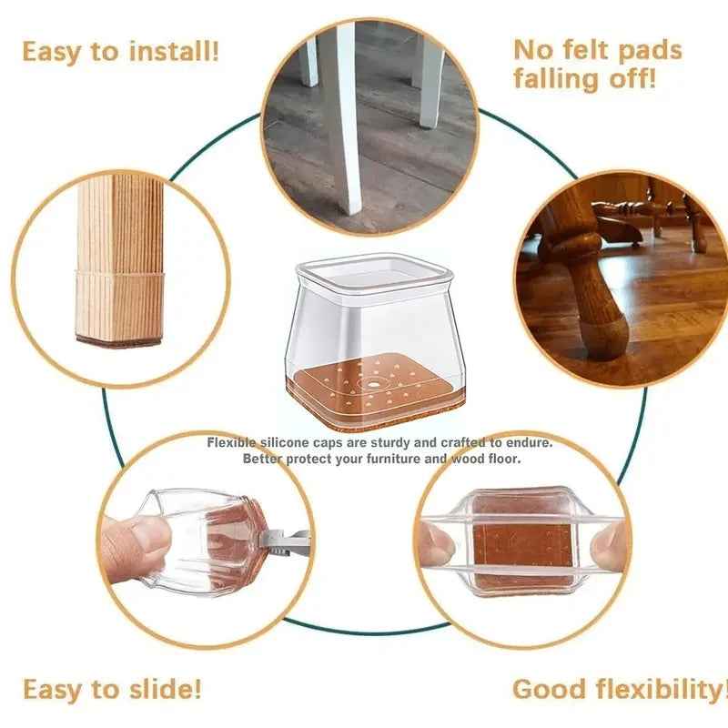 Clear Silicone Chair Leg Protectors with Felt Pads – Anti-Scratch, Noise-Reducing Furniture Floor Protectors