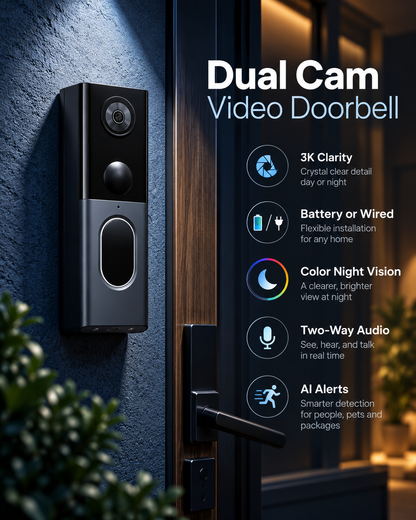 🔥 Limited Time Deal: 3K Ultra HD Smart Dual Camera Doorbell – Color Night Vision, AI Detection & Two-Way Audio