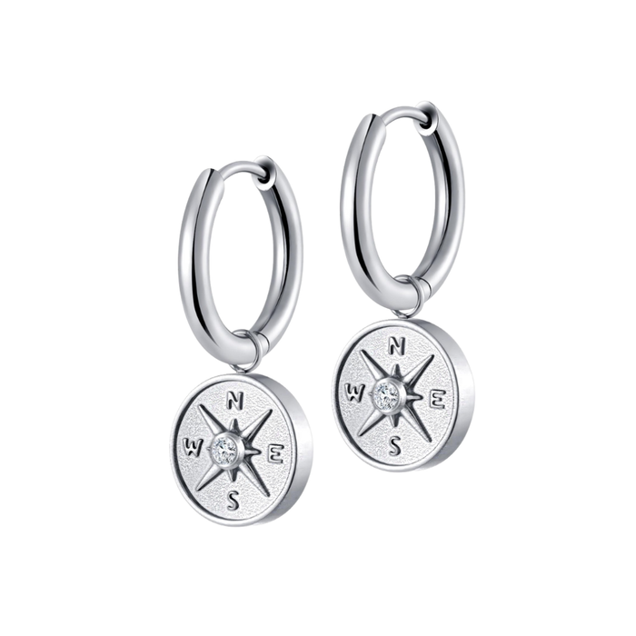 Antique Compass Charm Hoops in Titanium