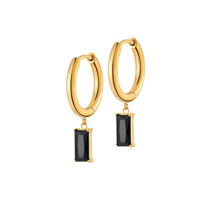Onyx Baguette Charm Hoops in Titanium