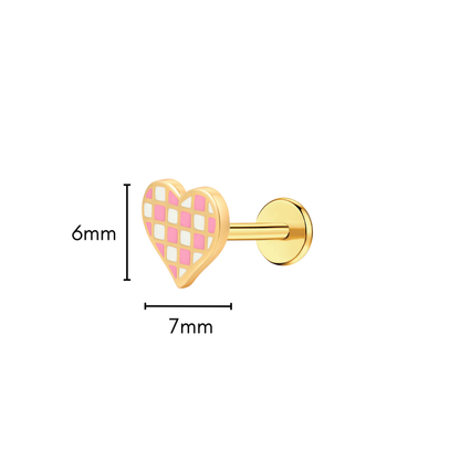 Pink Checkered Heart Enamel Flat Back Stud
